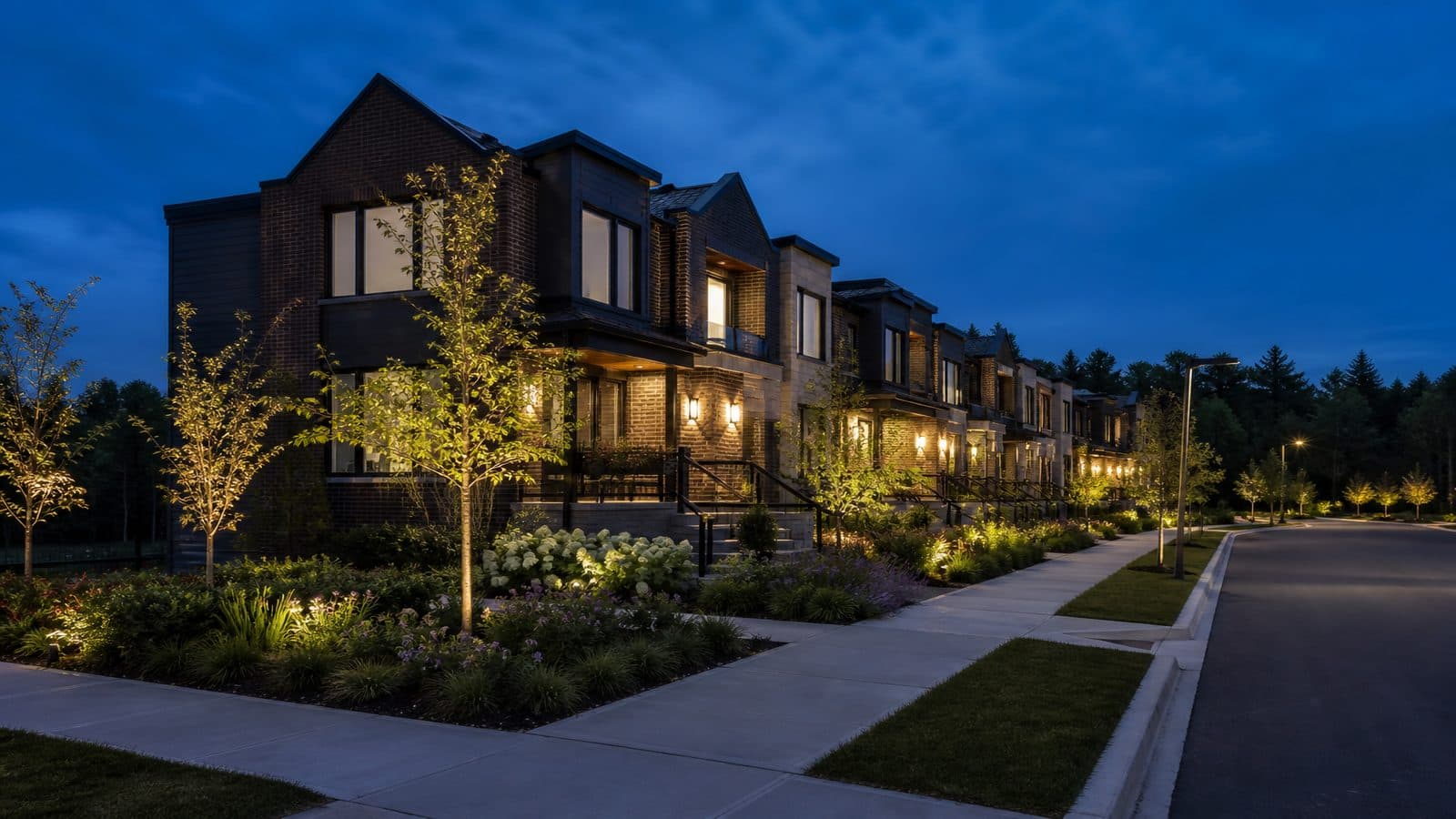 Contemporary townhomes in a new Milton Ontario community near Trafalgar Road at dusk — Hawthorne on Trafalgar lifestyle